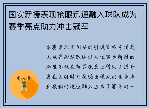 国安新援表现抢眼迅速融入球队成为赛季亮点助力冲击冠军