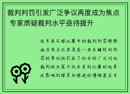 裁判判罚引发广泛争议再度成为焦点 专家质疑裁判水平亟待提升