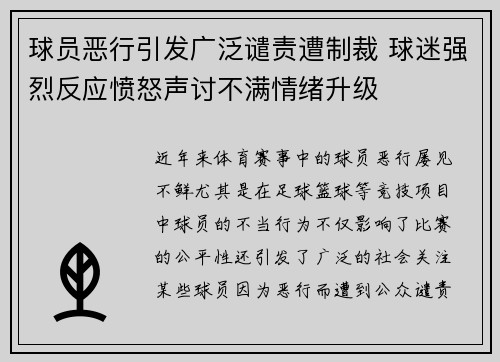 球员恶行引发广泛谴责遭制裁 球迷强烈反应愤怒声讨不满情绪升级